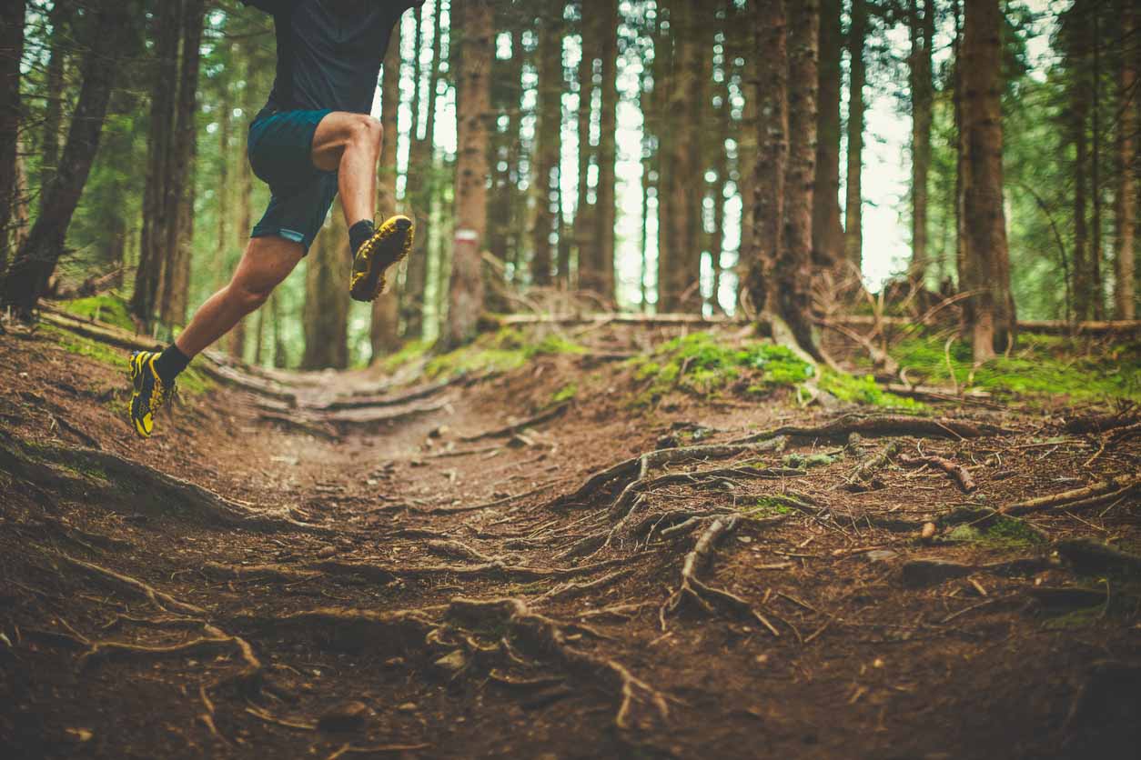 A man exercise trail running in a green and wet forest